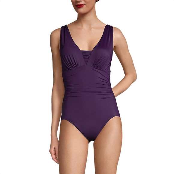 Lands' End Slendersuit Grecian Low Leg One Piece Swimsuit Blackberry 517227 - Picture 1 of 16
